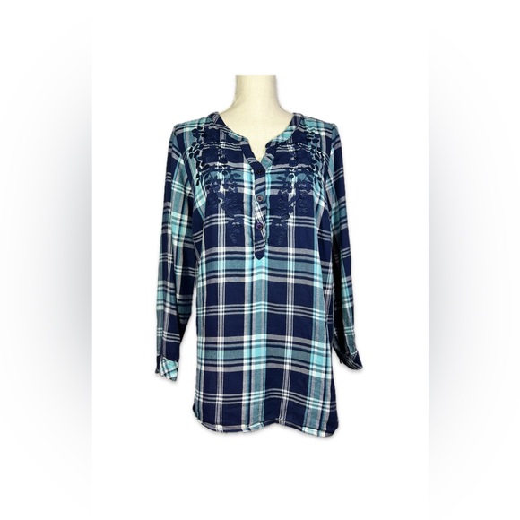 Catherines Tops - Catherine’s Embroidered Plaid Long Sleeve Women's Top Size 0X Blue